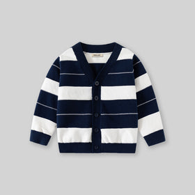 Boys Navy Blue Cardigan With Self-Design Stripe Patterns Sweaters & Cardigans