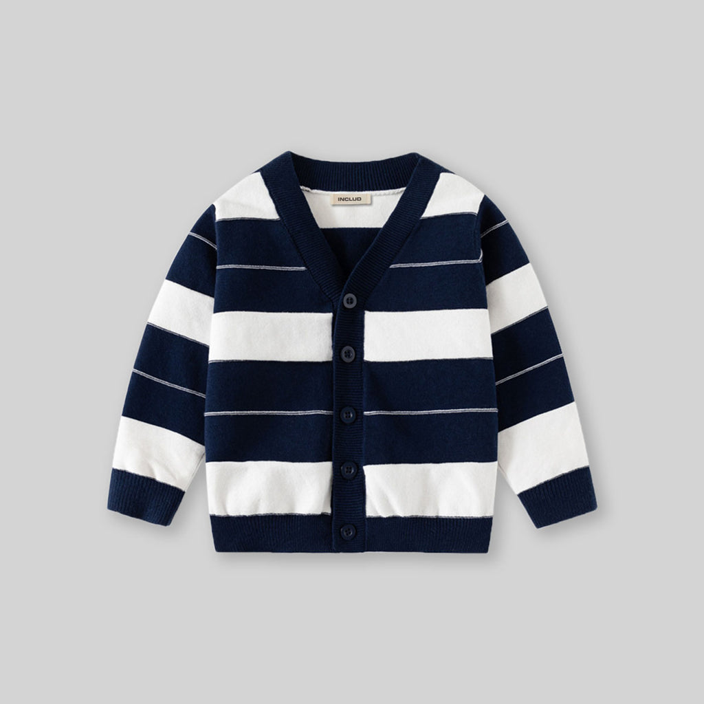 Boys Navy Blue Cardigan With Self-Design Stripe Patterns Sweaters & Cardigans