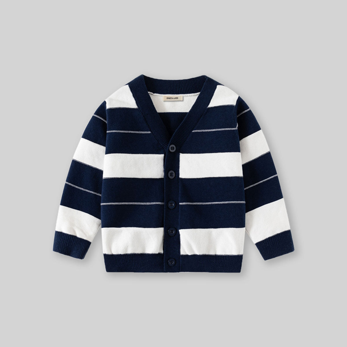 Boys Navy Blue Cardigan With Self-Design Stripe Patterns Sweaters & Cardigans