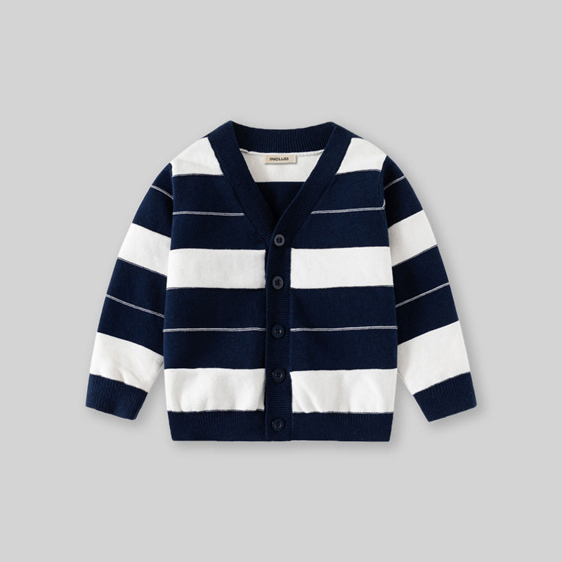 Boys Navy Blue Cardigan With Self-Design Stripe Patterns Sweaters & Cardigans