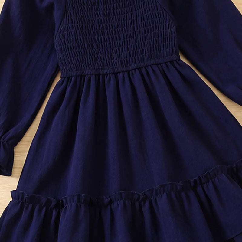 Girls Navy Blue Smocked Yoke Puff Sleeve High-Low Dress Casual Dresses