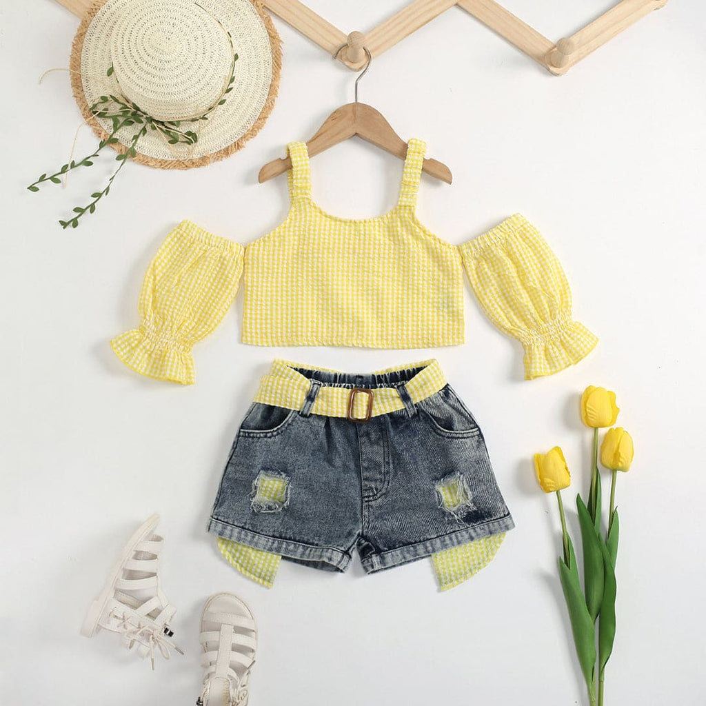 Girls Yellow Off Shoulder Plaid Top With Denim Short Sets Sets Yellow 1-2 Y 