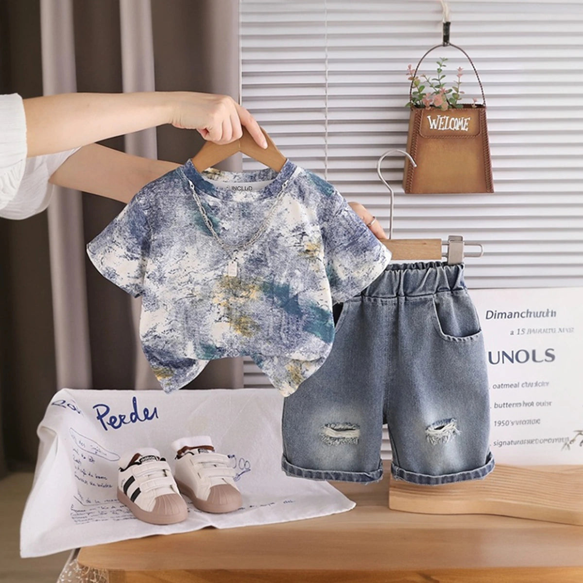 Boys Grey Abstract Printed Short Sleeve T-Shirt with Distressed Denim Shorts Sets 2 pc. Sets Grey 1-2 Y