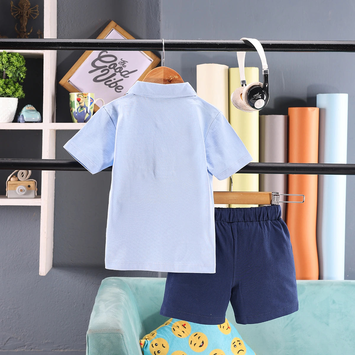 Boys Blue Popcorn Graphic Polo T-shirt With Drawstring Shorts Sets Sets