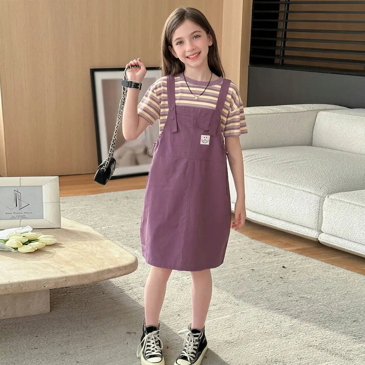 Girls Purple Smiley Pinafore Dress With Stripe T-Shirt Casual Dresses Purple 5-6 Y
