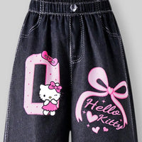 Girls Black Denim-Style Print Knitted Wide-Leg Pants Pants
