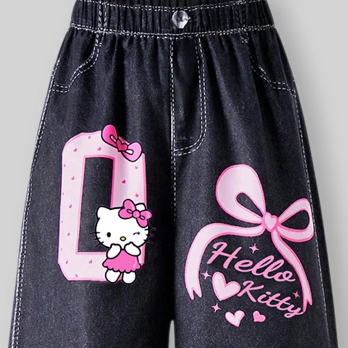 Girls Black Denim-Style Print Knitted Wide-Leg Pants Pants