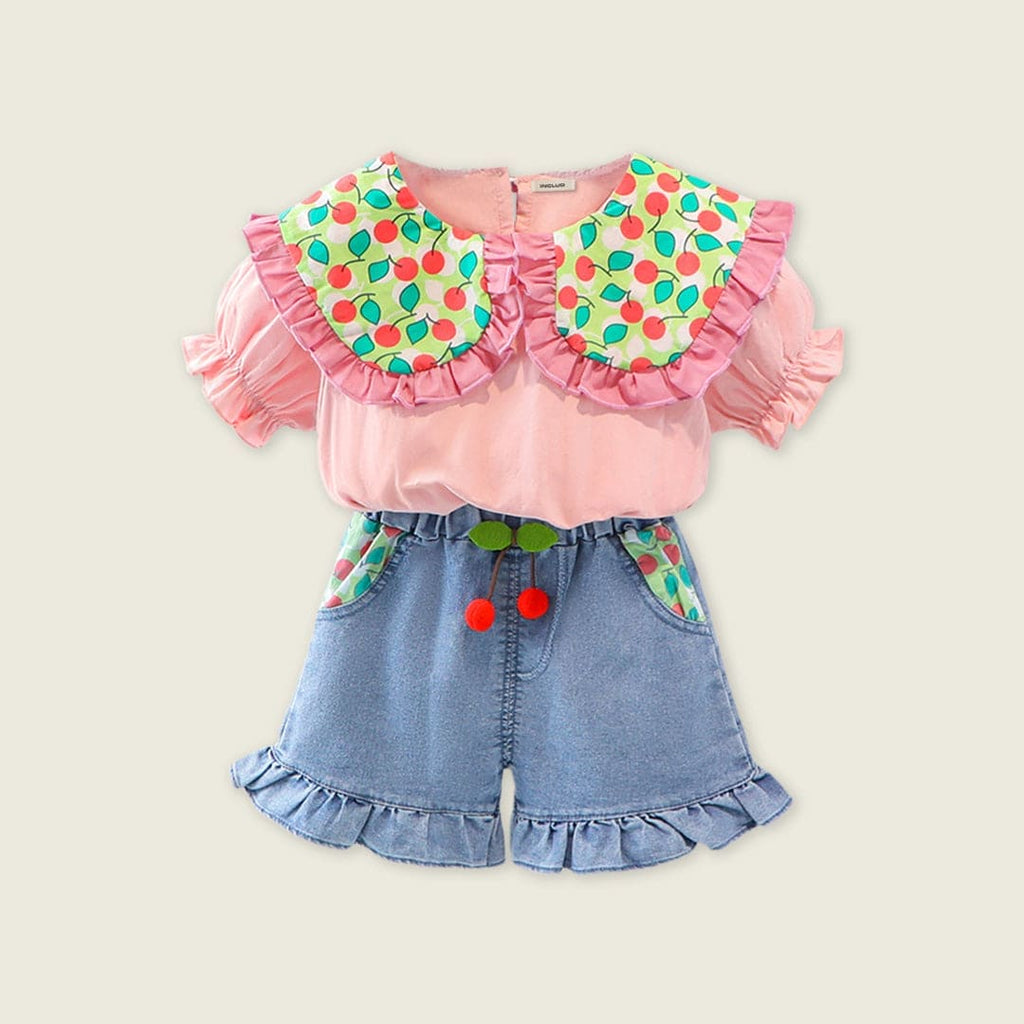 Girls Pink Big Peter Pan Collar Top With Denim Shorts Sets Pink 1-2 Y 