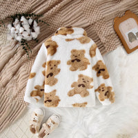 Boys White Long Sleeves Jacket With Self-Design Bear Patterns Coats & Jackets