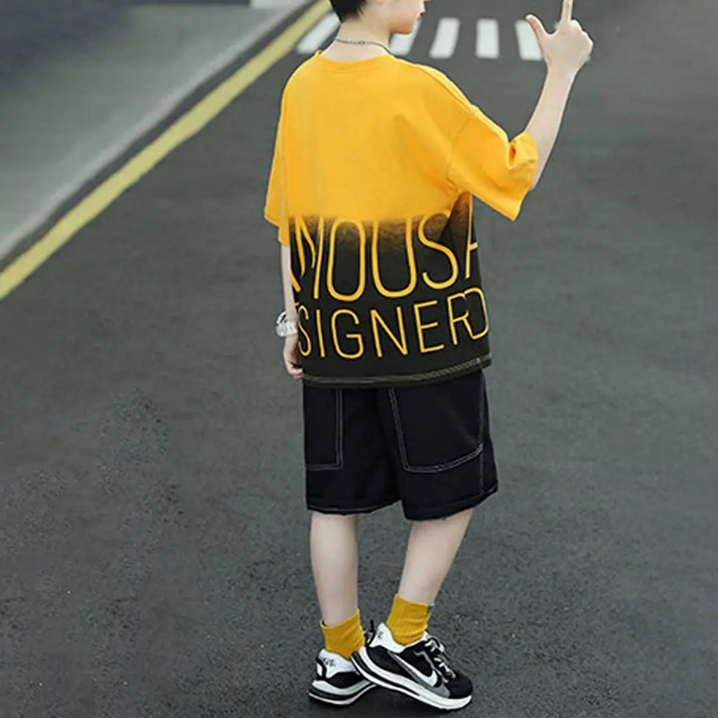 Boys Mustard Typographic Printed Oversized T-Shirt With Shorts Set Sets