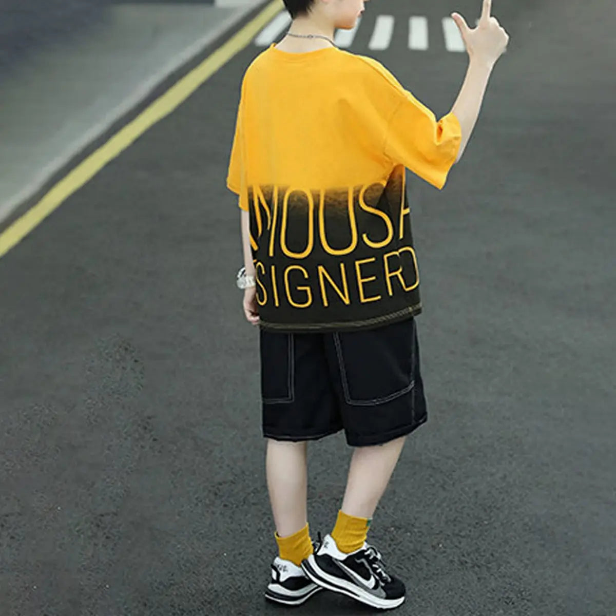 Boys Mustard Typographic Printed Oversized T-Shirt With Shorts Set Sets
