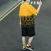 Boys Mustard Typographic Printed Oversized T-Shirt With Shorts Set Sets