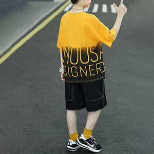 Boys Mustard Typographic Printed Oversized T-Shirt With Shorts Set Sets