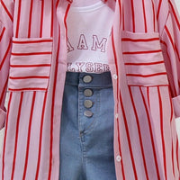 Girls Light Pink Stripe Shirt With Printed T-Shirt And Denim Shorts Sets 3 pc. Sets