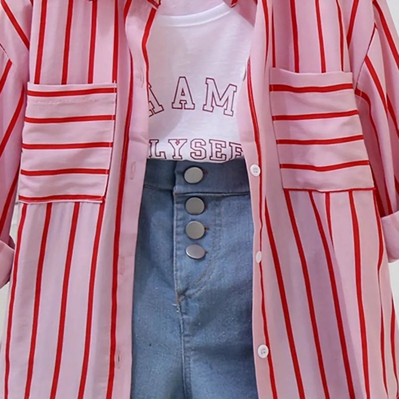 Girls Light Pink Stripe Shirt With Printed T-Shirt And Denim Shorts Sets 3 pc. Sets