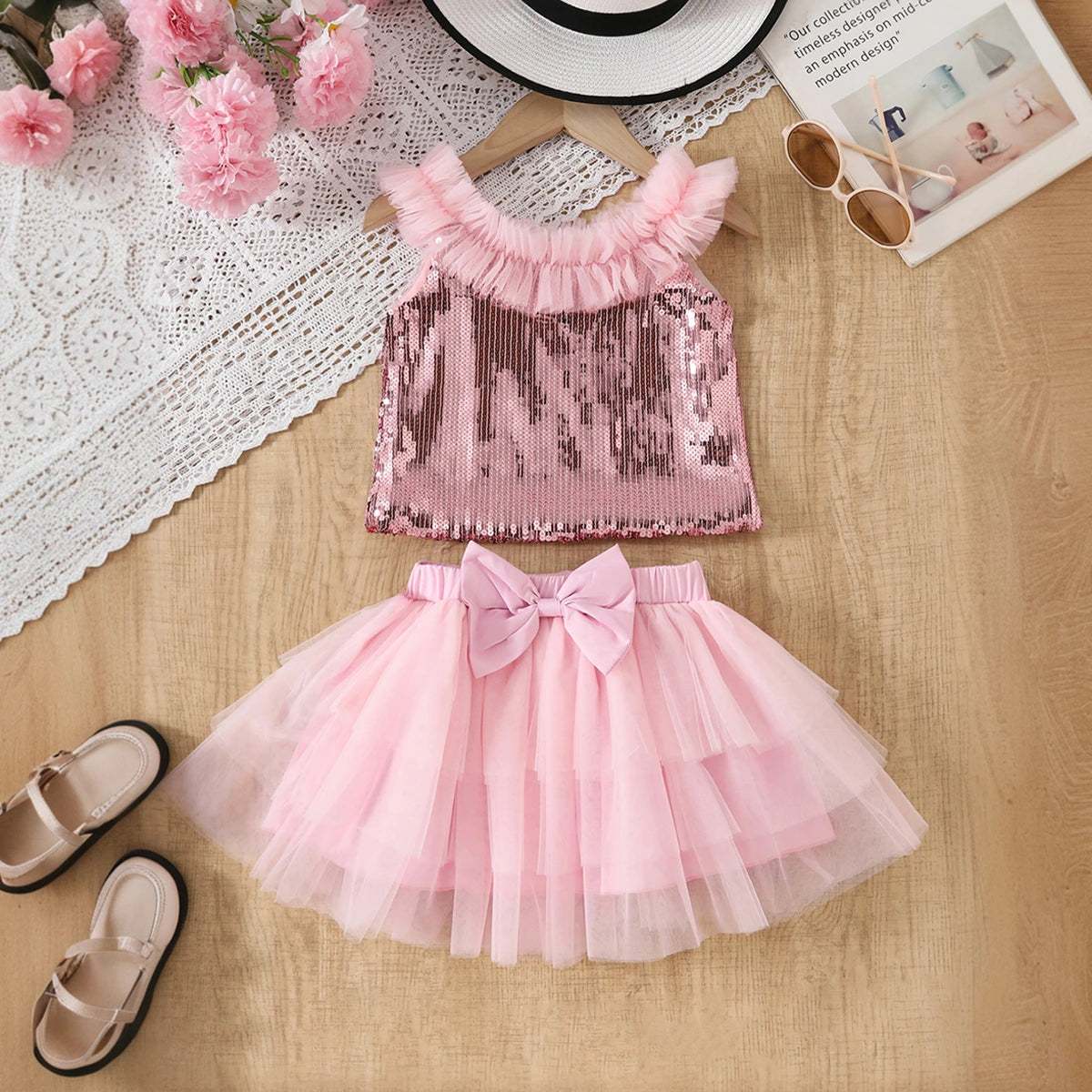 Girls Pink Sequined Crop Top With Tulle Overlay Skirts Set Sets Pink 3-4 Y