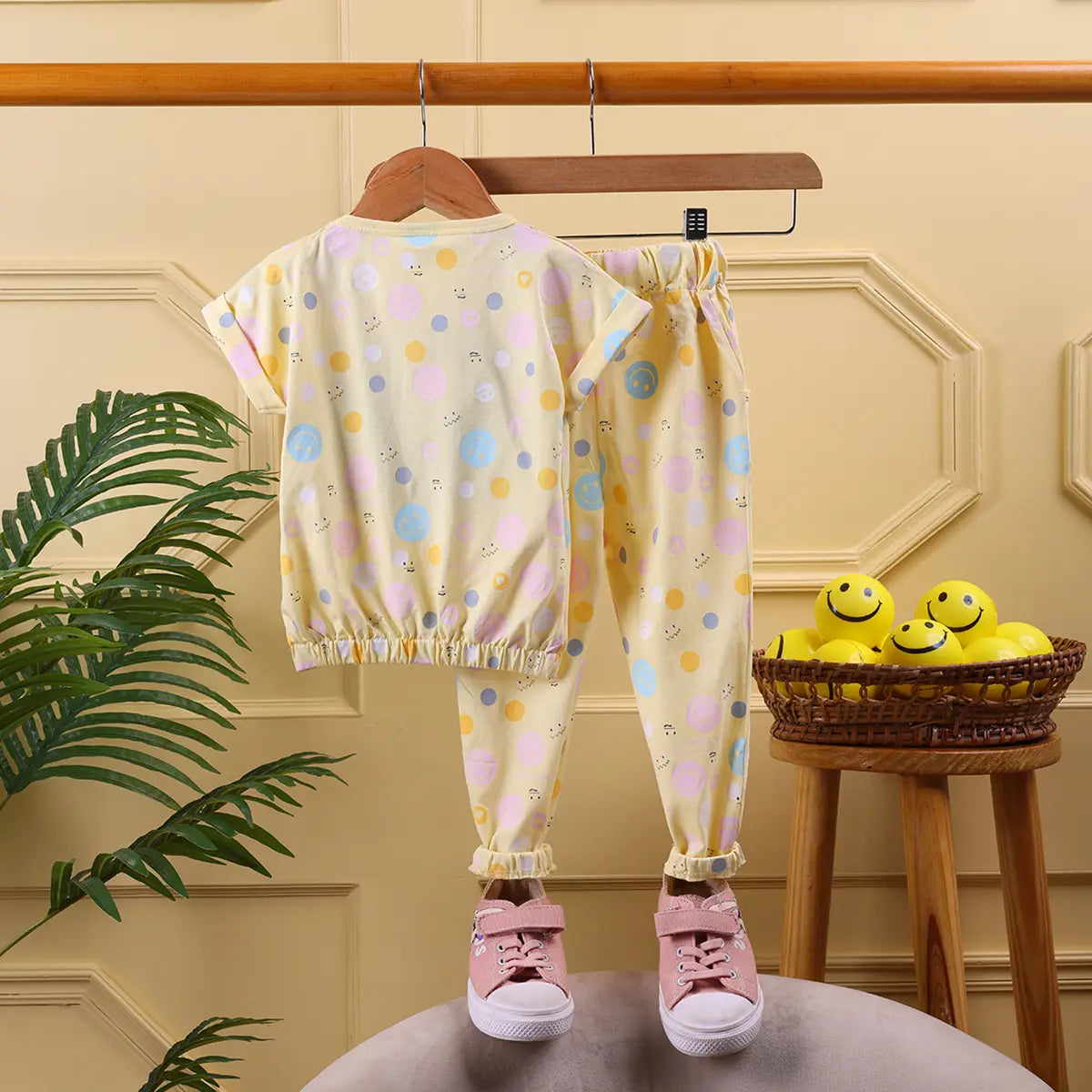 Girls Yellow Allover Smiley Printed Crop Top With Pants Co-ord Sets Sets