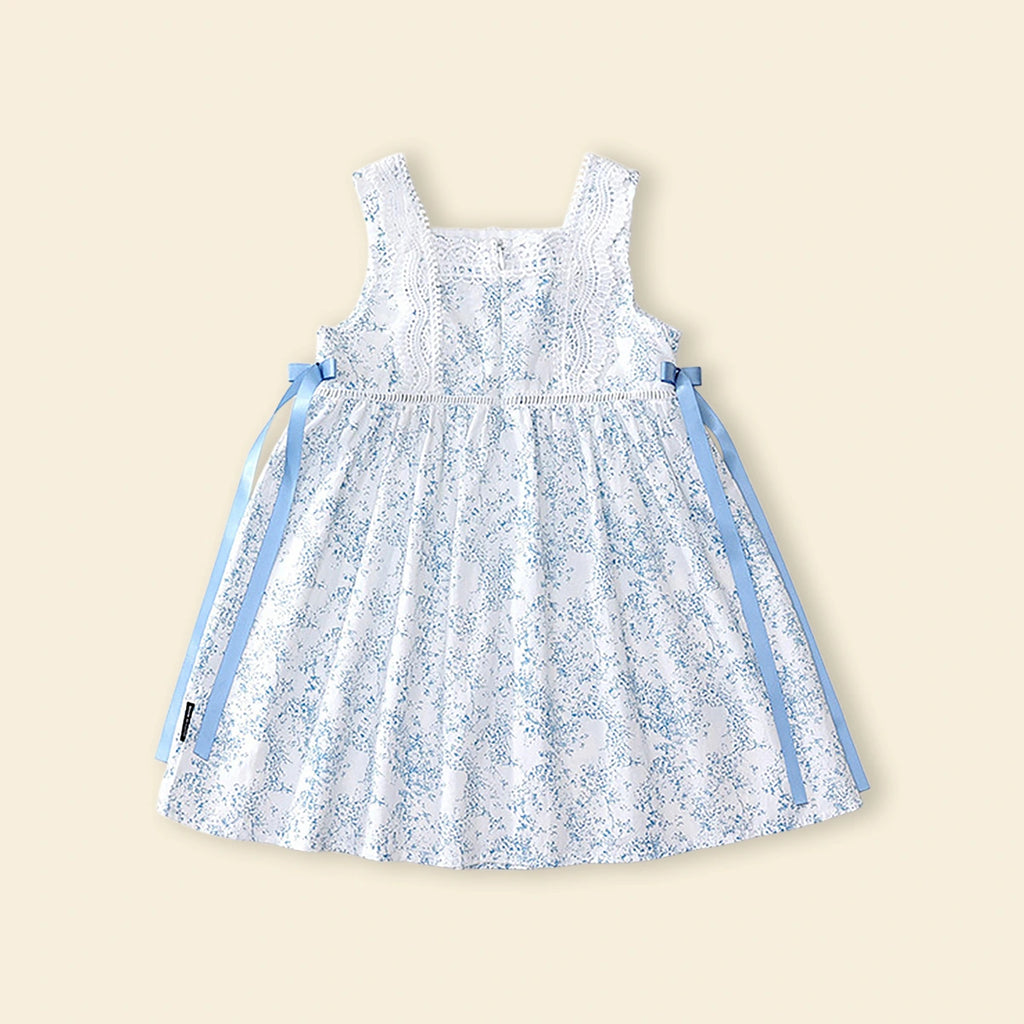Girls Blue Printed Sleeveless Fit & Flare Dress With Neck Lace Trim Casual Dresses