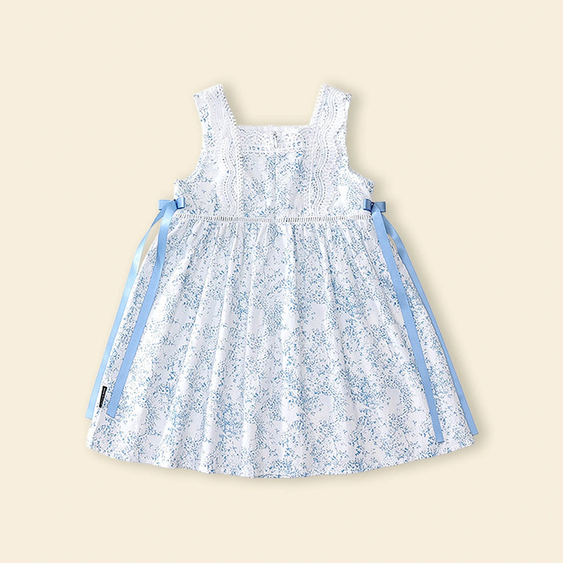Girls Blue Printed Sleeveless Fit & Flare Dress With Neck Lace Trim Casual Dresses