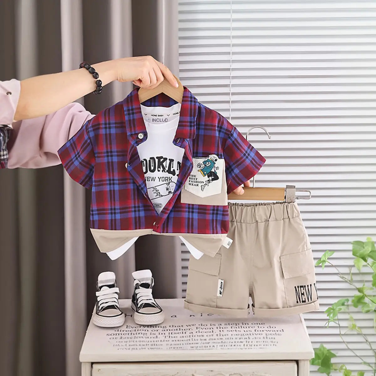 Boys Red Checked Short Sleeve Shirt With Printed T-Shirt And Denim Shorts Sets 3 pc. Sets Red 1-2 Y