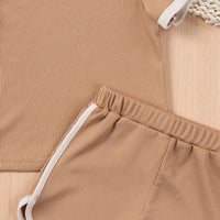Girls Brown Ribbed Contrast Trims T-Shirt & Shorts Co-ord Sets Sets