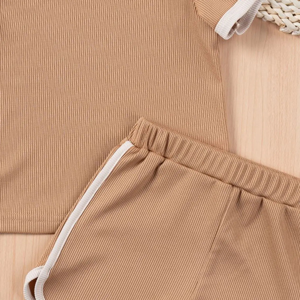 Girls Brown Ribbed Contrast Trims T-Shirt & Shorts Co-ord Sets Sets