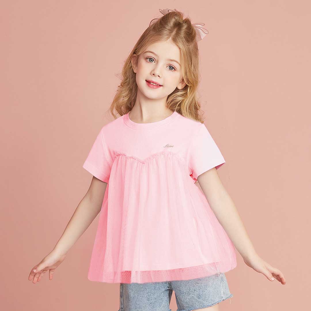 Girls Short Sleeve Mesh Detailed T-Shirt Tshirts   
