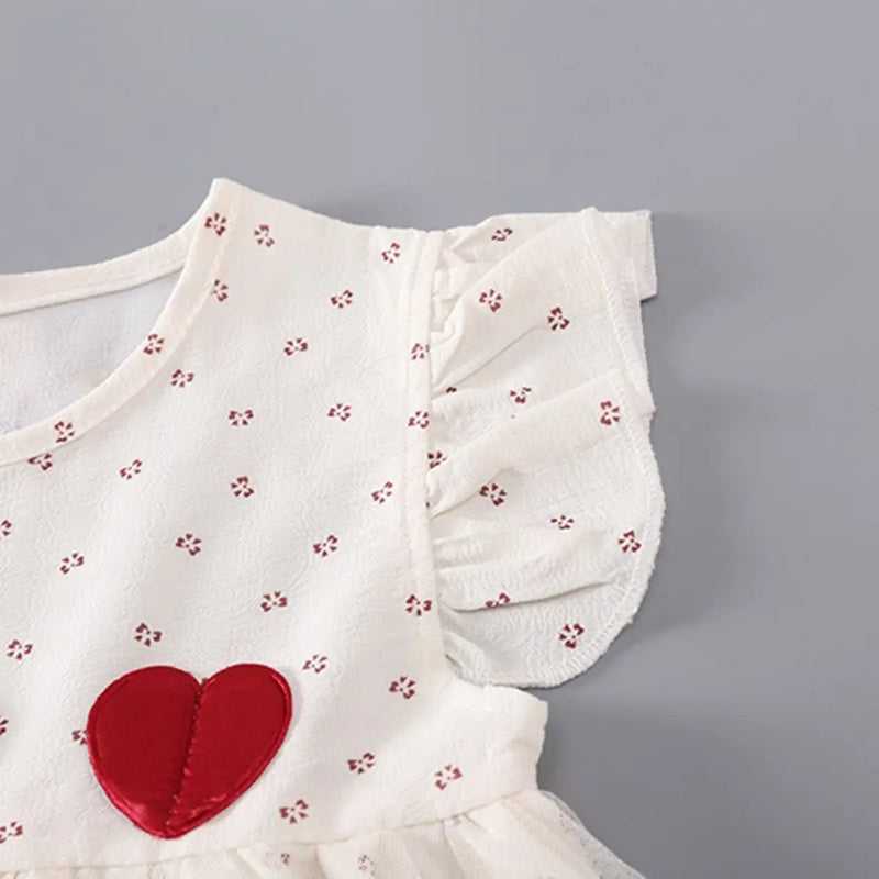 Girls Red Heart Applique A-Line Dress With Floral Print Tulle Overlay Casual Dresses