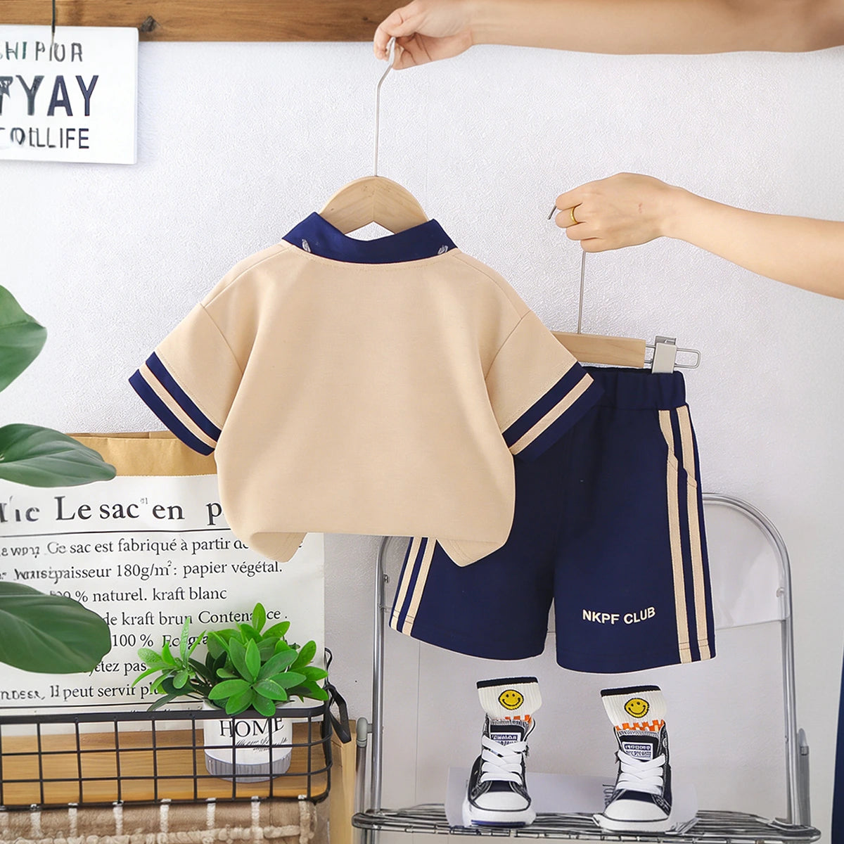 Boys Khaki Typographic Print Polo T-Shirt With Shorts Set Sets