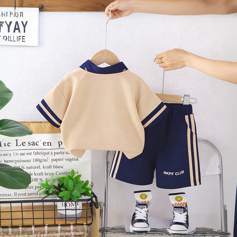 Boys Khaki Typographic Print Polo T-Shirt With Shorts Set Sets