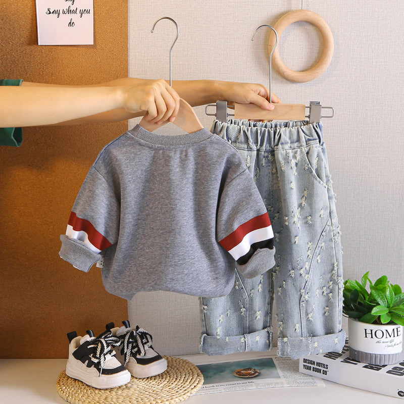 Boys Grey Solid Sweatshirt With Distressed Denim Pants Set 2 pc. Sets