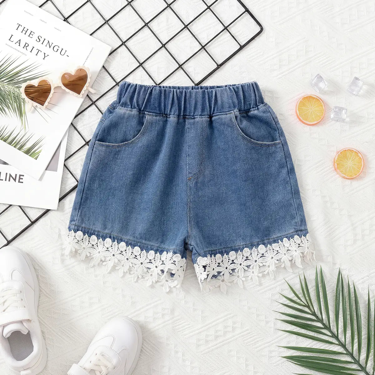 Girls Blue Solid Denim Shorts With Floral Lace Trim Shorts Blue 2-3 Y