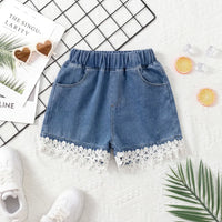 Girls Blue Solid Denim Shorts With Floral Lace Trim Shorts Blue 2-3 Y