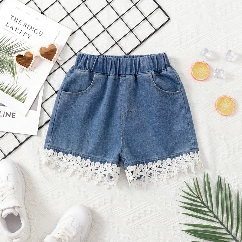 Girls Blue Solid Denim Shorts With Floral Lace Trim Shorts Blue 2-3 Y