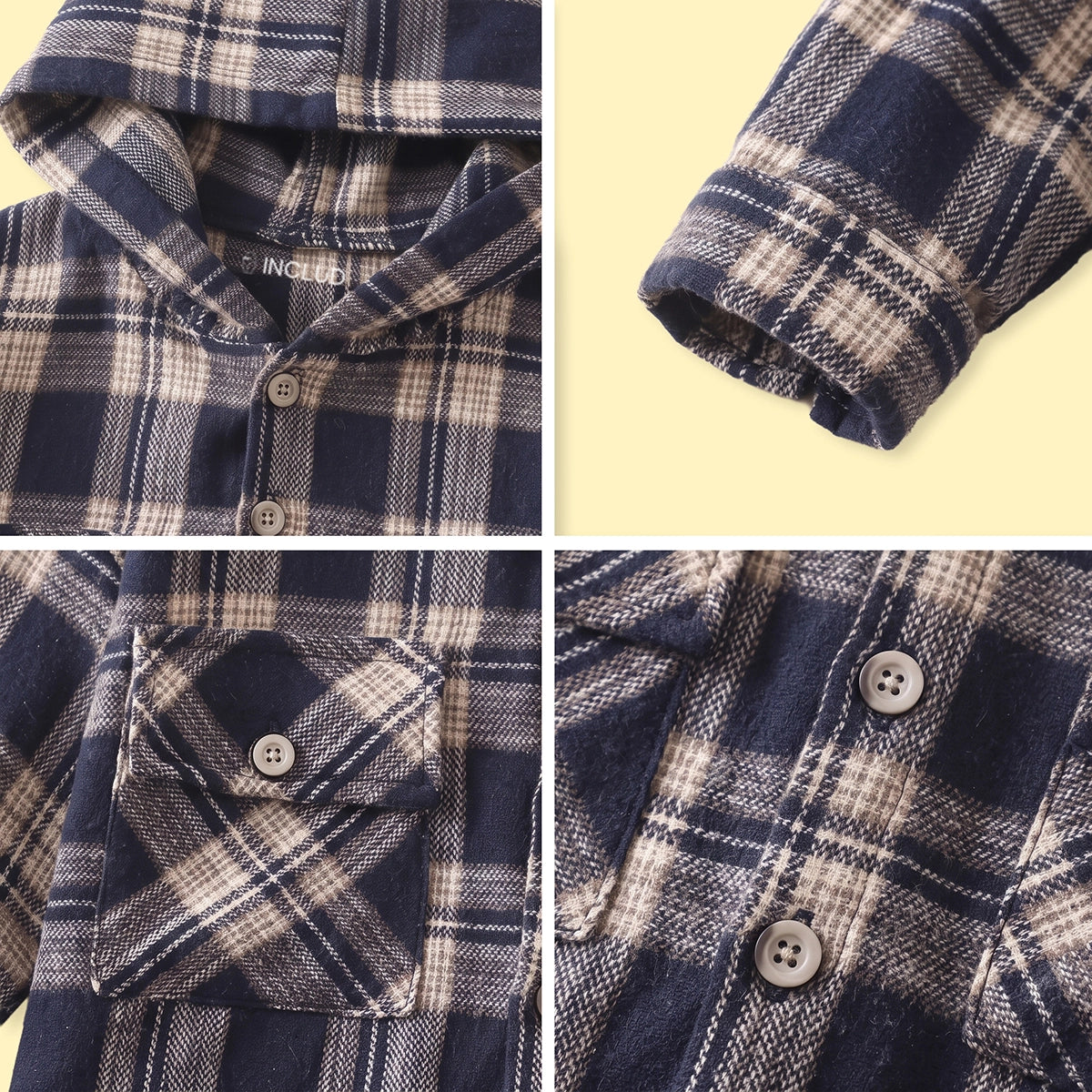 Boys Navy Blue Checked Long Sleeve Hooded Shirt Shirts