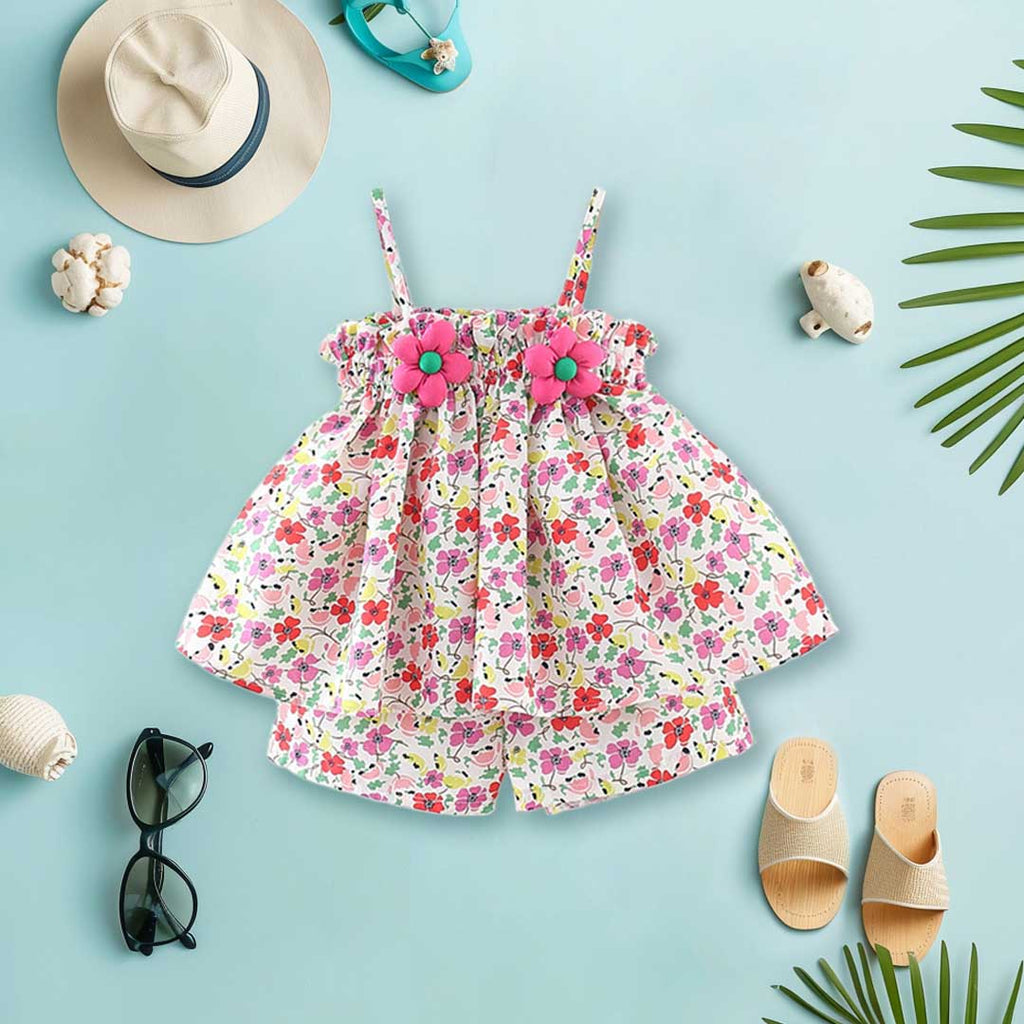 Girls Floral Printed Top With Floral Shorts Set