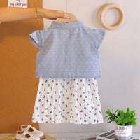 Girls White Bow Printed A-Line Dress With Denim Jacket Casual Dresses