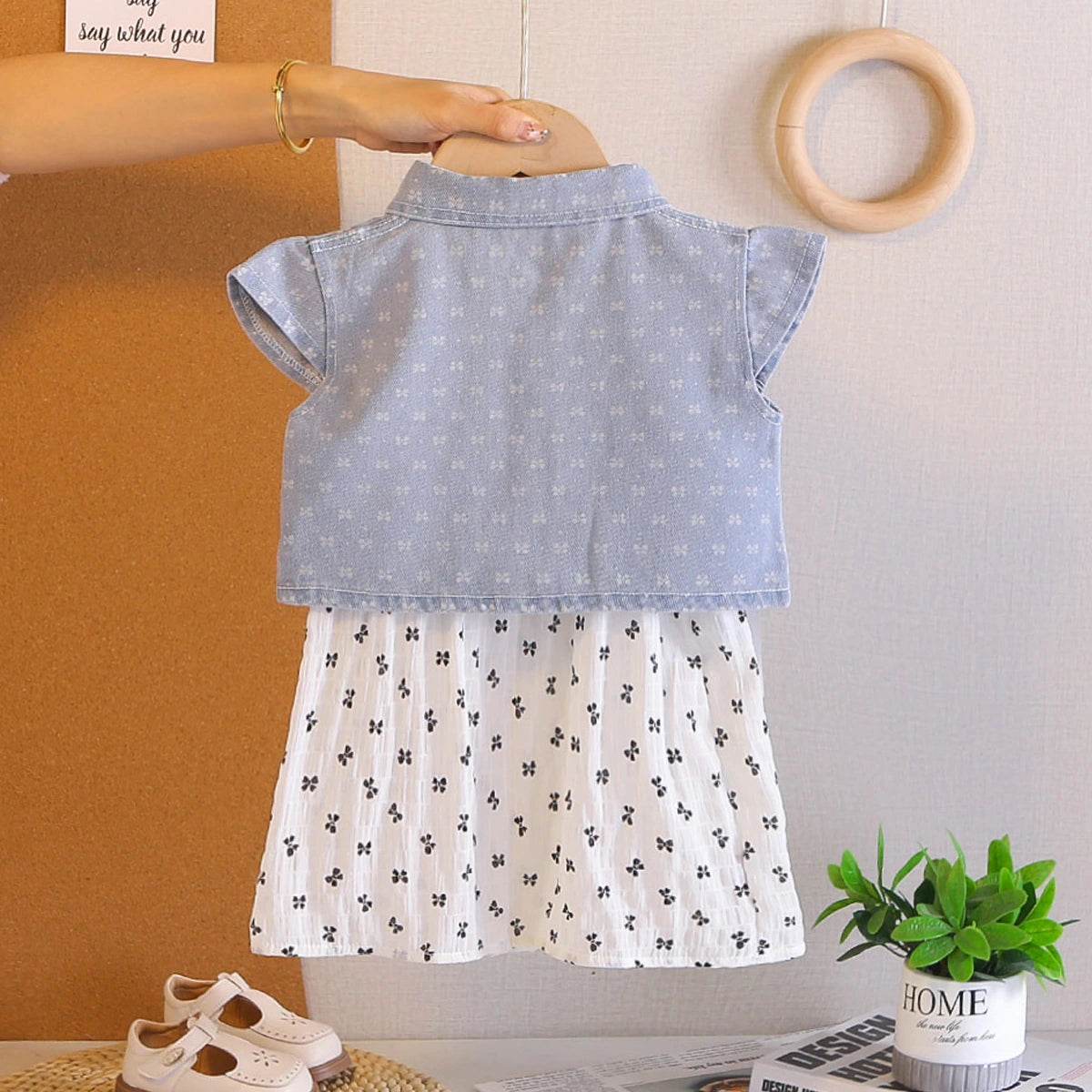 Girls White Bow Printed A-Line Dress With Denim Jacket Casual Dresses
