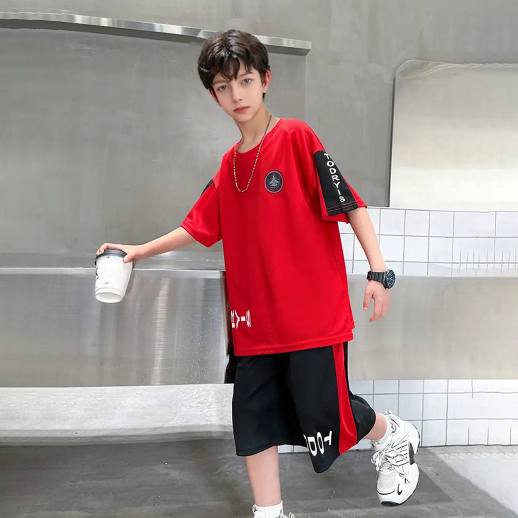 Boys Red Typographic Printed Oversized T-Shirt With Shorts Sets Sets