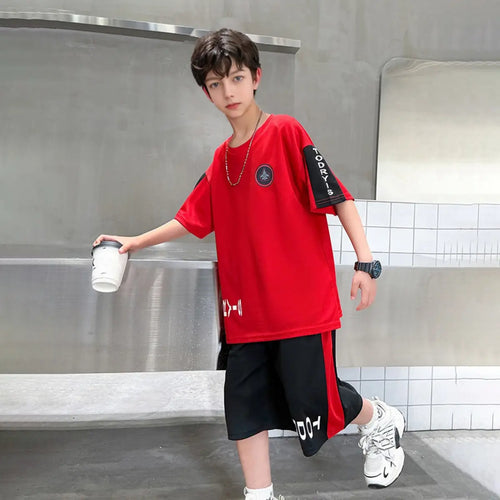 Boys Red Typographic Printed Oversized T-Shirt With Shorts Sets Sets