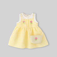 Girls Yellow Checked Sleeveless A-line Dress With Sling Bag Casual Dresses