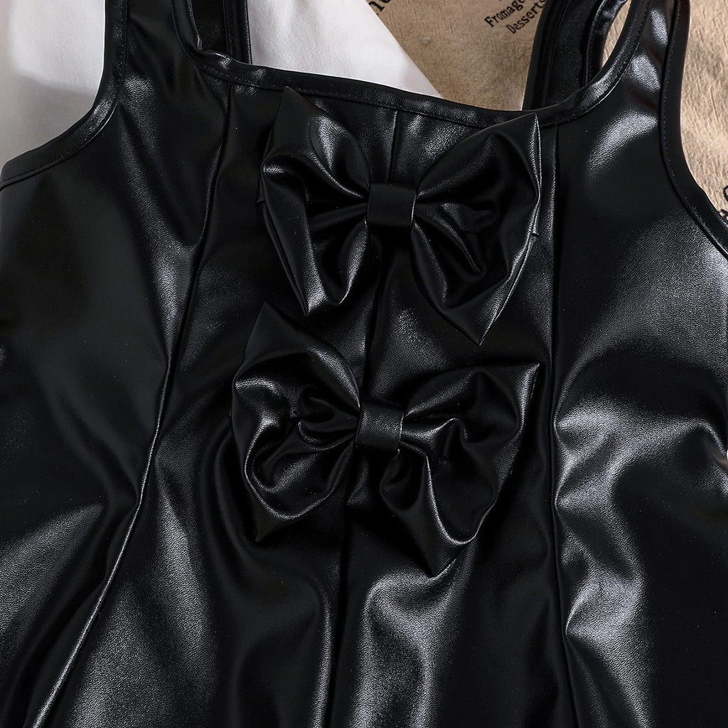 Girls Black Faux Leather Pinafore Dress With Long Sleeves Top Casual Dresses