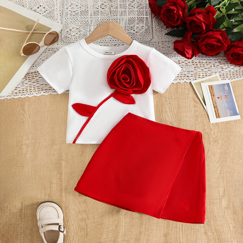Girls White 3D Rose Applique T-Shirt With Skort Sets Sets White 2-3 Y