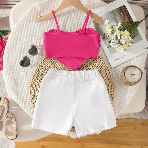Girls Fuchsia Heart Shape Pearl Embellished Crop Top With Shorts Set Sets