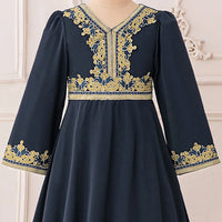 Girls Dark Grey Embroidered Drop-Waist Dress With Long Sleeeves Casual Dresses