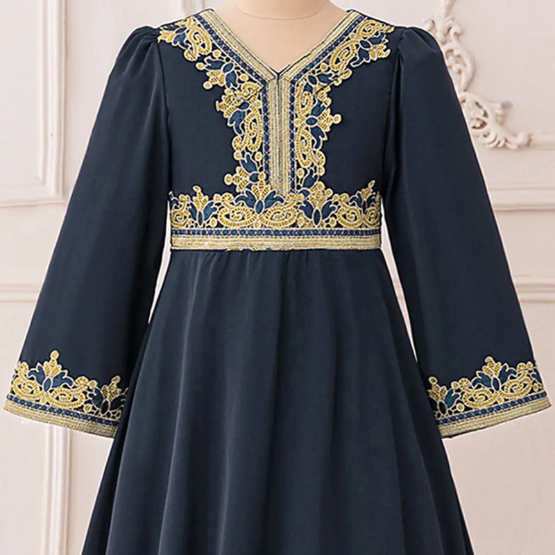 Girls Dark Grey Embroidered Drop-Waist Dress With Long Sleeeves Casual Dresses