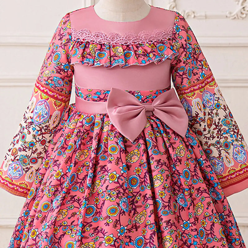Girls Pink Floral Maxi Dress With Long Sleeves Casual Dresses