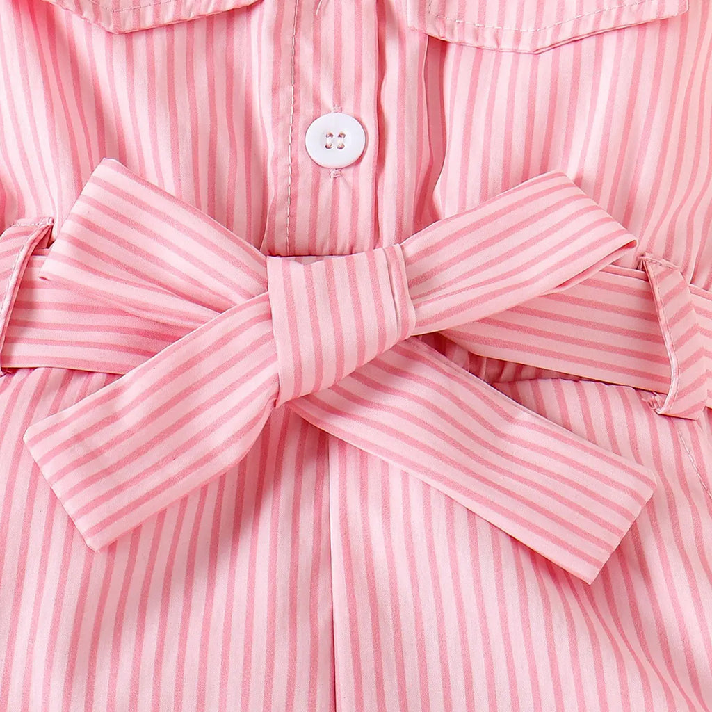 Girls Pink Striped Sleeveless Button-Front Belted Romper Jumpsuits