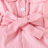 Girls Pink Striped Sleeveless Button-Front Belted Romper Jumpsuits