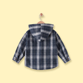 Boys Dark Blue Checked Long Sleeve Hooded Shirt Shirts